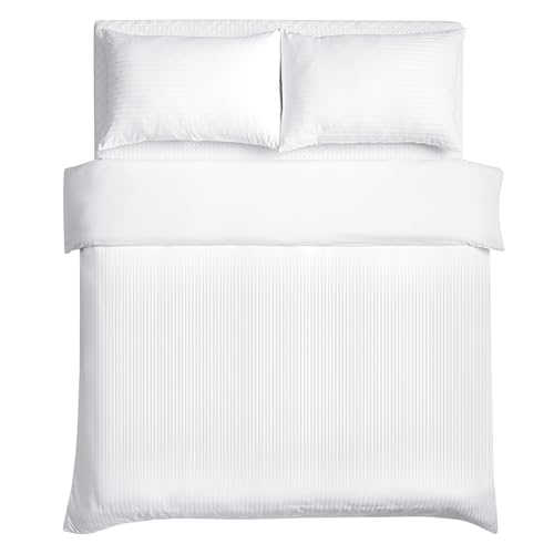 Good Nite King Duvet Cover Sets Satin Stripe Brushed Microfiber Bedding Set 3 PCS with Pillowcases Ultra Soft with Corner Straps (White, King)