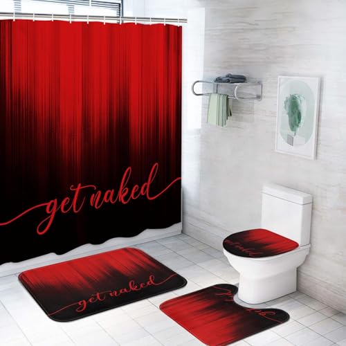 ArtSocket 4PC Red Black Ombre Get Naked Modern Simple Shower Curtain Sets Bathroom Decor with Rugs, Non-Slip Rug,Toilet Lid Cover, Bath Mat and 12 Hooks 72x72 inches