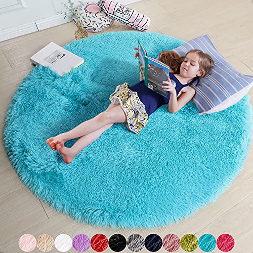 Amdrebio Blue round rug for bedroom,Fluffy circle rug 4'x4' for