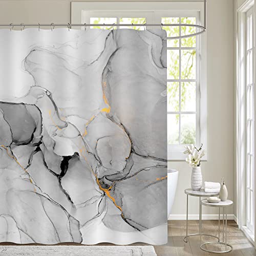 Gibelle Grey Marble Shower Curtain Set, Abstract Silver Marble Gold Stripes Fabric Shower Curtain, Modern Ink Art Decor Waterproof Shower Curtain for Bathroom Decor, 72 x 72