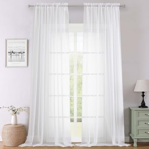 "Lecloud White Sheer Curtains 120 Inches Long 2 Panels, Extra Wide Farmhouse Elegant Light Filtering Window Curtains, Solid Airy Voile Sheer Curtain for Living Room Bedroom Big Windows, 59"" W x 120"" L"