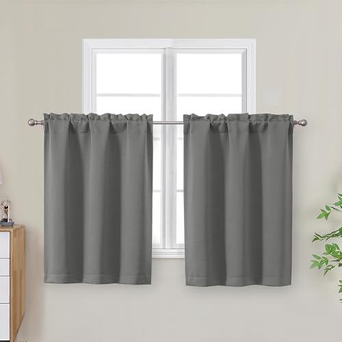 "OWENIE Light Grey Kitchen Curtains 30 Inch Length, Short Blackout Small Thermal Insulated Curtains Tier Over Sink Rod Pocket Half Window for Bathroom Bedroom Camper RV Bunk, 2 Panels, Each 30"" Wx30 L"