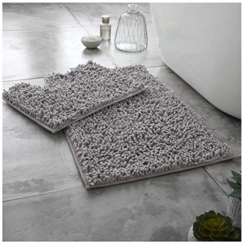GC GAVENO CAVAILIA Soft Bath Mat Sets For Bathroom - 2 Piece Bath Mat Non Slip Back - Highly Water Absorbent & Fast Drying 100% Microfiber Chenille Toilet Rug with Pedestal Mat - Silver