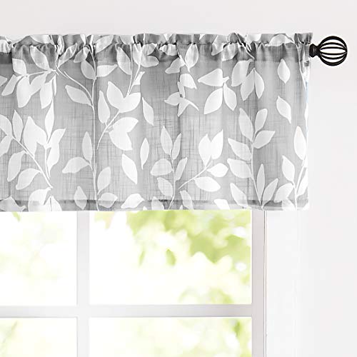 "Treatmentex Grey Valance Curtain for Windows Leaf Print White Window Valances 52"" by 15"" Long 1 Panel"