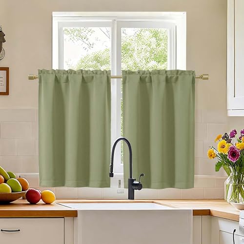 "Simplebrand Sage Green Cafe Curtains Tier 36 Inch Length 2 Panels Set, Half Window Blackout Curtains for Kitchen, Rod Pocket Tier Thermal Insulated Window Treatment Short Curtain, Each 30"" Wx36 L"