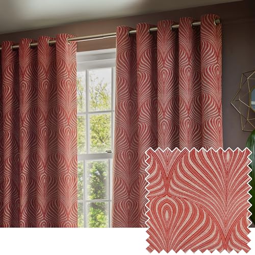 Paoletti Gatsby Jacquard Eyelet Curtains - 2 Panels - Width x Drop - 229 x 183cm (90 x 72) - Terracotta