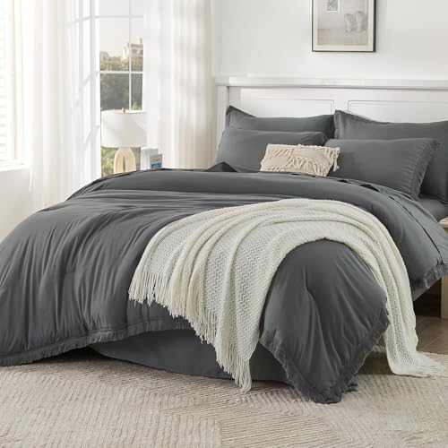 Andency Oversized King Comforter Set with Sheets 128x120 Dark Grey - 7 Pieces Bed in a Bag Boho Soft Lightweight Bedding Sets, Rust Tassel Bed Set with Comforter, Sheets, Pillowcases & Shams