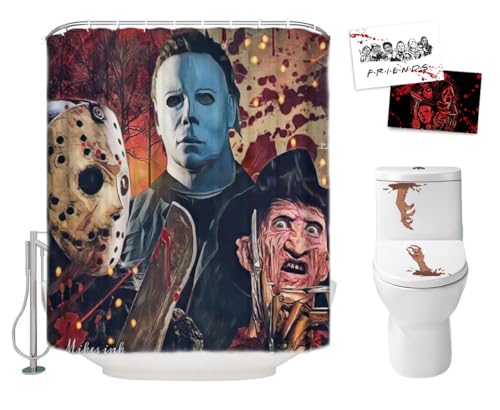 Hdem Halloween Shower Curtain Set for Bathroom- Scary Killer Freddy Jason Michael, Horror Movie Themed Holiday Polyester Fabric Decoration with Hooks and Toilet Stickers, Christmas Party Decor 72x72