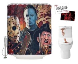 Hdem Halloween Shower Curtain Set for Bathroom- Scary Killer Freddy Jason Michael, Horror Movie Themed Holiday Polyester Fabric Decoration with Hooks and Toilet Stickers, Christmas Party Decor 72x72
