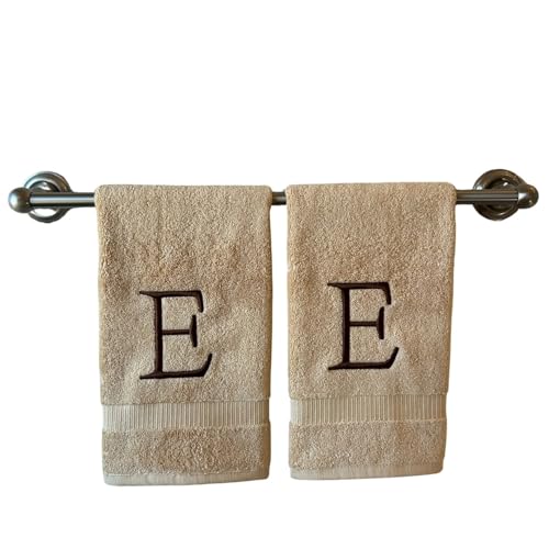 Beige with Brown Monogrammed Hand Towels for Bathroom - Set of 2 Letter E - Luxury Hotel Quality Initial Towels For Powder Room, Spa, GOTS Organic Certified