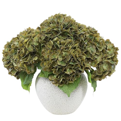 "LFF 3Pcs Olive Green Hydrangea Artificial Flowers, 8.66"" Large Real-Touch Latex Blooms with 22"" Long Stems, Faux Hydrangea for Home Table Centerpieces, Wedding Bouquets & Floral Arrangement Decor"
