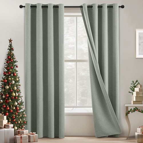 COSVIYA 100% Blackout Sage Green Linen Curtains & Drapes 90 Inch Length 2 Panels Set, Full Room Darkening Grommet Insulated Thermal Window Panels for Bedroom/Living Room,52x90 inches