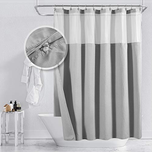 "Barossa Design Cotton Hotel Style Shower Curtain with Fabric Lining 75"" Extra Long Mesh Window Top Honeycomb Waffle Weave Cotton Blend Washable Lake Wanaka Grey 180x190.5"