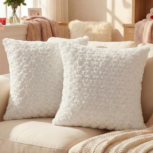 FUTEI White Decorative Throw Pillow Covers 20x20 Inch Set of 2,Soft Solid Rose Swirl Textured Cushion Case,Modern Home Decor for Couch Living Room