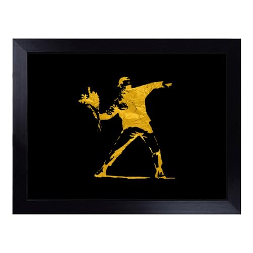 Lap Tray with Bean Bag Cushion, Banksy In Black Gold Flower Thrower - Handmade in the UK, Raised Wooden Edge, Padded Cushion, Heat-Resistant Wipe-Clean Surface, for Meals, Laptops and Crafts