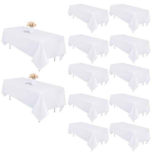 Heneger 12 Pack White Rectangle Table Cloth 60 x 102 Inch for 6 Foot Table - Wrinkle Resistant, Washable Polyester Fabric, Reusable Rectangular Tablecloth, For Wedding Buffet Banquet Party