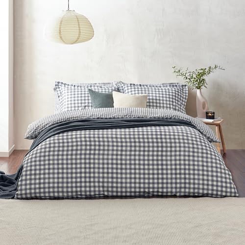 Yard Barton Gingham Check Duvet Cover Set – 100% Cotton Reversible Oxford Pillowcases Soft & Breathable Premium Bedding (Navy – King)