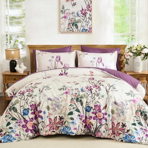 WONGS BEDDING King Comforter Set 7 Piece, Purple Floral Bed in a Bag Bedding Set with Botanical Flowers Patterns, Soft Lightweight Complete Comforters with Sheets for All Season