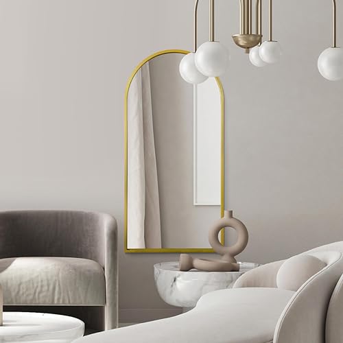 "MirrorOutlet The Arcus - Gold Framed Modern Full Length Arched Leaner/Wall Mirror 63"" X 31"" (160CM X 80CM) Silver Mirror Glass with Black All weather Backing."