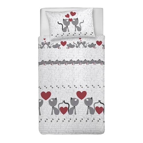 PENSIERI DELICATI Single Duvet Cover Set, 100% Cotton, Complete with 155 x 200 cm Bag and 1 Pillowcase 52 x 82 cm, Made in Italy, Duvet Cover Machine Washable At 40 Degrees, Grey Cats Design