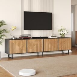 "FAVSH 180cm Modern TV Stand for Tvs up to 75"",Wood Entertainment Center with 4 Cabinets,TV Media Console W/Legs & Cable Management for Living Room,Black & Wood"