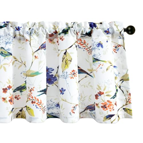 VOGOL Blue Bird Print Faux Linen Valance, Rod Pocket Top, 54 x 18, 1 Panel - Faux Linen Texture, Printed Bird and Floral Design, Softens Natural Light, for Kitchen or Dining Room Windows