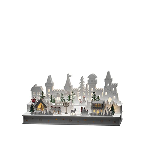 Konstsmide Christmas Lights/LED Wooden Silhouette Castle and Village Scene/6H Timer, 12 Diodes, Battery Operated or USB, Indoor, 2 x AA 1.5V (Excluded)