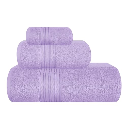BOUTIQUO Ultra Soft 3 Pack Cotton Towel Set, Contains a Bath Towels 28x55 inch, a Hand Towels 16x24 inch & a Wash Coths 12x12 inch, Ideal Everyday use, Compact & Lightweight - Purple