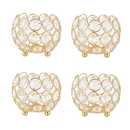VINCIGANT Set of 4 Gold Crystal Beads Tea Light Holders for Home Decoration Table Decoration