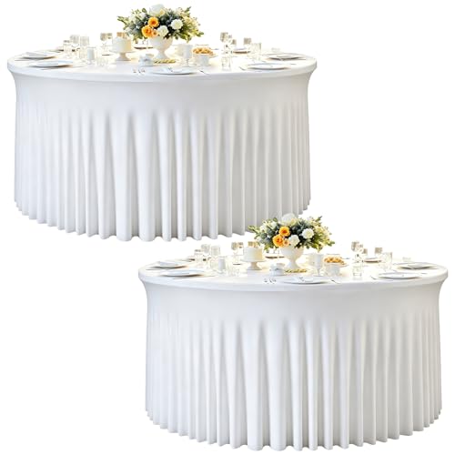 2 Pack 132inch White Round Tablecloth, Circle Stretch Table Cloths for 6 FT Tables, Wrinkle Free Round White Table Skirt for Wedding Birthday Photography Party Social Events Bridal Shower Decorations