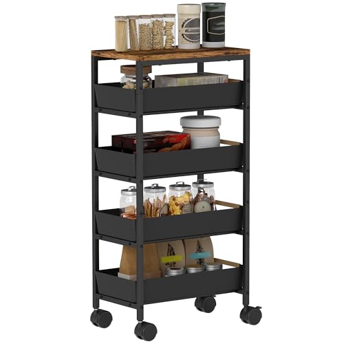 HOMCOM 5-Tier Storage Trolley on Wheels, Rolling Utility Cart with 4 Pull-Out Drawers, Mobile Kitchen Storage Rack for Living Room, Kitchen, Dining Room, Bedroom, Bathroom, Black