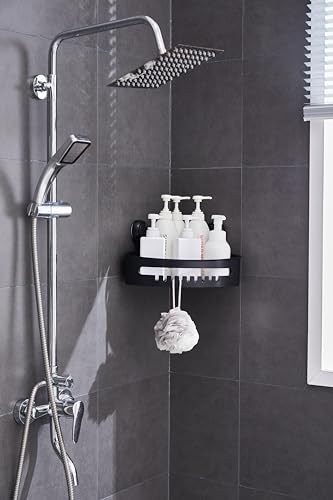 Zuvo Shower Caddy with Suction Cups ??? No Drill Bathroom Shelf for Shampoo and Toiletries, Rustproof Plastic Shower Organiser (Black, Triangle)