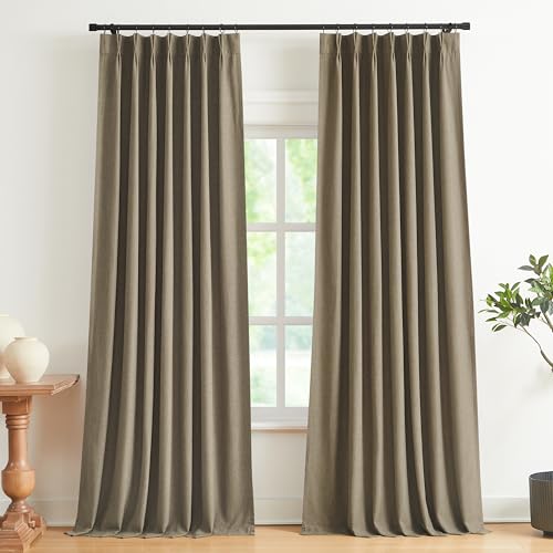 "Vision Home Brown Pinch Pleated Full Blackout Curtains Linen Blended Room Darkening Window Curtains 102 inch for Living Room Bedroom Thermal Insulated Pinch Pleat Drapes with Hooks 40"" Wx102 Lx2"