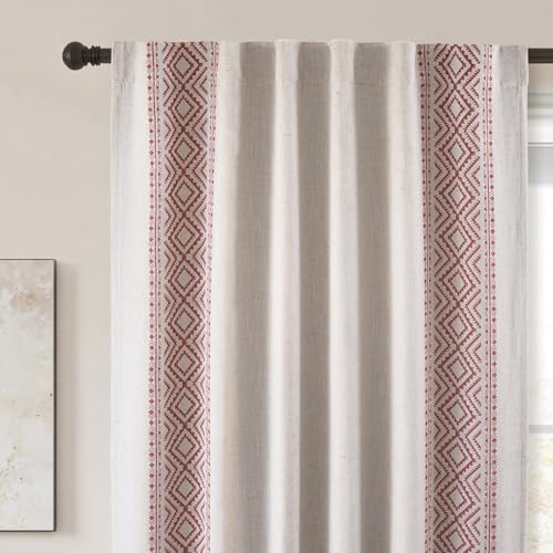 DriftAway Boho Linen Blackout Curtains Double Layer Thermal Insulated Farmhouse Vintage Geo Retro Square Printed Pattern Lined Drapes for Living Room Bedroom 96 Inches Long Back Tab 2 Panels Red