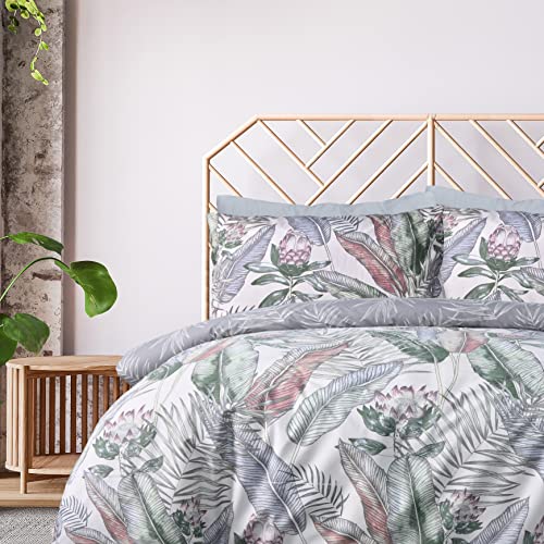 Sleepdown 100% Pure Cotton Leaf Floral Multi Tropics Grey Reverisble Duvet Cover Quilt Pillow Cases Bedding Set Soft Easy Care - King (230cm x 200cm)
