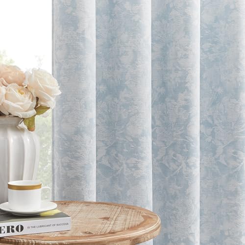 Beauoop Blue Floral Jacquard Blackout Curtains for Bedroom 52x72 2 Panels - Flower Chenille Room Darkening Drapes for Living Room 72 Inch Long Thermal Insulated Soundproof Window treatment Grommet