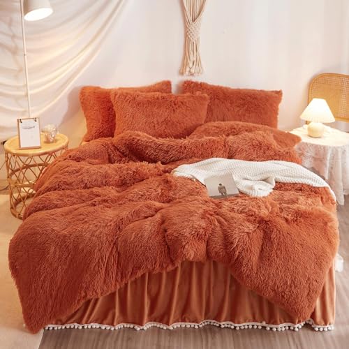 HAIHUA Shaggy Burnt Orange Comforter Cover Queen Set, Soft Plush Fuzzy Burnt Orange Bedding Queen Set 3 Pieces (1 Furry Duvet Cover + 2 Fluffy Pillow Cases) Faux Fur Bed Set, Zipper Closure