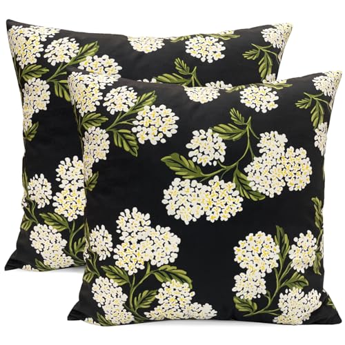 RYSMIYOU Decorative Throw Pillow Covers Set of 2 Black Hydrangea Pillow Covers 16x16 inch Super Soft Short Plush Square Floral Throw Pillows,Farmhouse Outdoor Pillow Covers for Couch Living Room