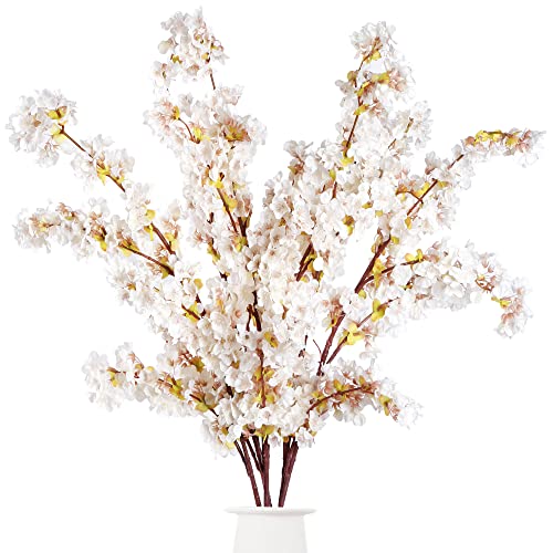 Sggvecsy Artificial Cherry Blossom Branches Faux Cherry Flowers 39 Inch Peach Branches Silk Tall Stems for Home Wedding Table Vase Decor (3 Pcs, Ivory)