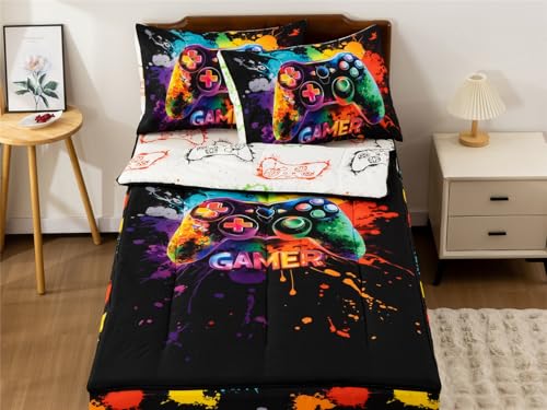 NTBED Gamer Printed Zipper Bedding Sets Twin for Kids Boys Lightweight Microfiber Tie Dye Comforter Set with Fitted Sheet Pillow Covers,Multi
