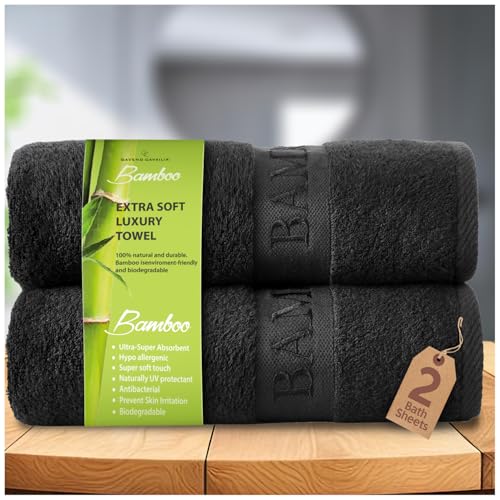 GC GAVENO CAVAILIA Bamboo Bath Sheet Extra Large (80x140cm) - 500 GSM Super Water Absorbent Towels Large Bamboo Towels 2 Pack (60% Bamboo, 40% Cotton) - Extra Soft Towel Bath Sheets - Black