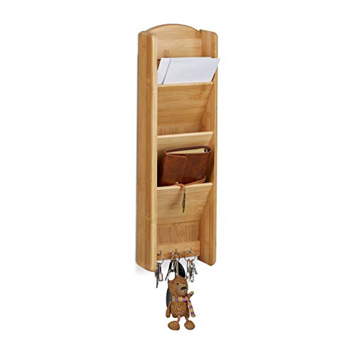 Relaxdays Bamboo Key Board with Shelf, 3 Compartments, 3 Key Hooks, Wall Organizer, Size: 7.5 x 15 x 49.5 cm, Wood, Natural Brown