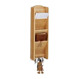 Relaxdays Bamboo Key Board with Shelf, 3 Compartments, 3 Key Hooks, Wall Organizer, Size: 7.5 x 15 x 49.5 cm, Wood, Natural Brown