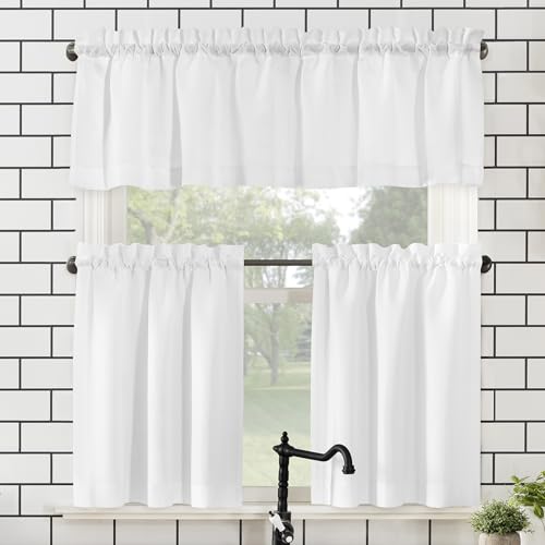 "No. 918 Martine Microfiber Semi-Sheer Rod Pocket Kitchen Curtain Valance and Tiers Set, 54"" x 45"" 3-Piece, White"