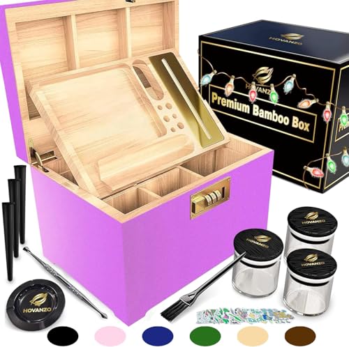 HOVANZO Premium Large Bamboo Storage Box with Combination Lock - Decorative Box Set - Large Wooden Container - Decorative Wood Storage with Accessories - Wood Kit with Glass Jars
