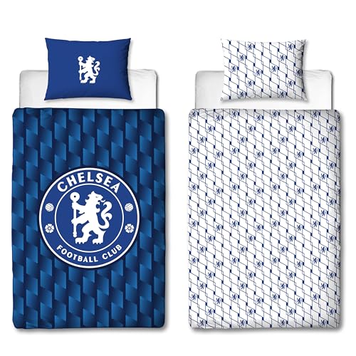 CHARACTER WORLD Chelsea FC Official Single Duvet Cover Set, Geometric Design - Blue Reversible 2 Sided Football Bedding Cover Official Merchandise Including Matching Pillow Case - Polycotton