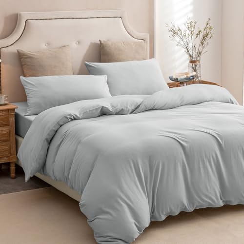 "PURE ERA Jersey Knit Duvet Cover Set 100% T-Shirt Cotton Super Soft Comfy 3pc Bedding Set with Zipper Closure (Solid Light Grey, Queen, 90""X90"")"