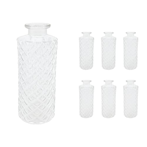 Relaxdays Vases, Set of 6, Diamond Pattern, Vintage, Glass, HxD: 13 x 5 cm, Mini Vases, Clear