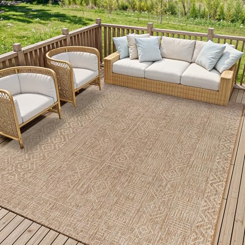 Livabliss Geometric Indoor Outdoor Rug - Large Boho Rugs for Living Room 200x275 cm Dining, Kitchen Carpet, Patterned Neutral and Coloured Rugs, Waterproof, Stain Durable - Brown and Beige
