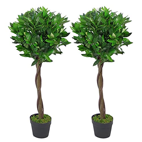 Leaf Design UK Pair of Artificial Bay Topiary Ball Trees, Green Twist, 90cm (3ft)